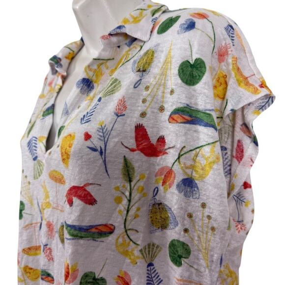 Joie 100% Linen Short Sleeve V-Neck Print Collared Top Shirt Dolman Womens sz L - Picture 10 of 16
